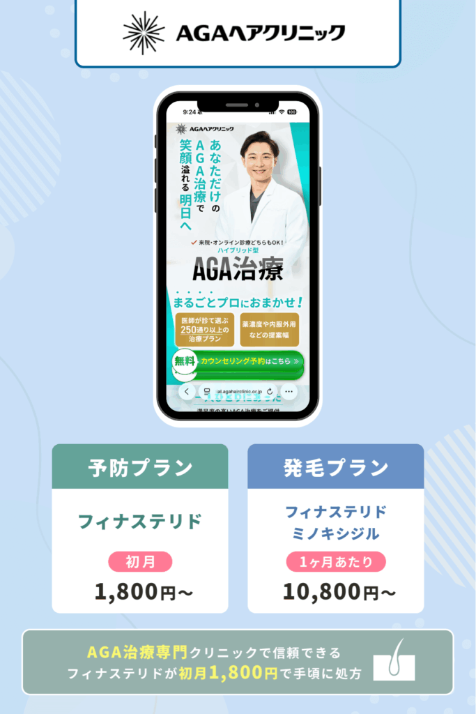 AGAヘアクリニックはAGA治療専門でフィナステリドが初月1,800円から対策